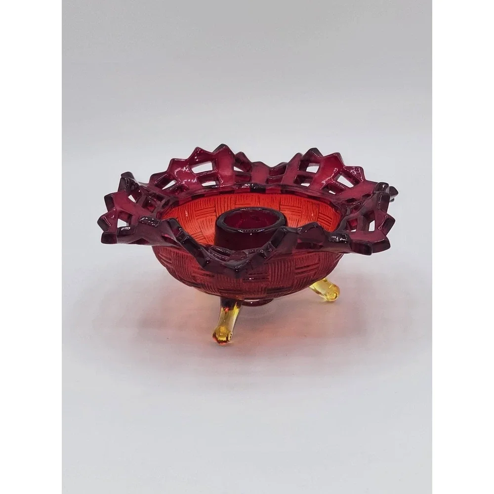 Fenton Amberina Glass Open Lace Three Footed Candlestick Holder